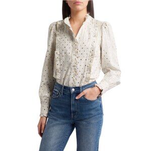 Boden Isla Frill Metallic Dot Shirt Blouse Womens 6 Gray Gold Long Sleeve Ruffle